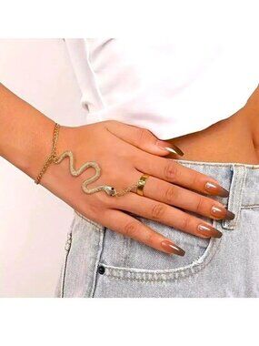 Snake Bracelet Finger Chain Ring Sexy Serpent Reptile Glam Statement Stylish Fun
